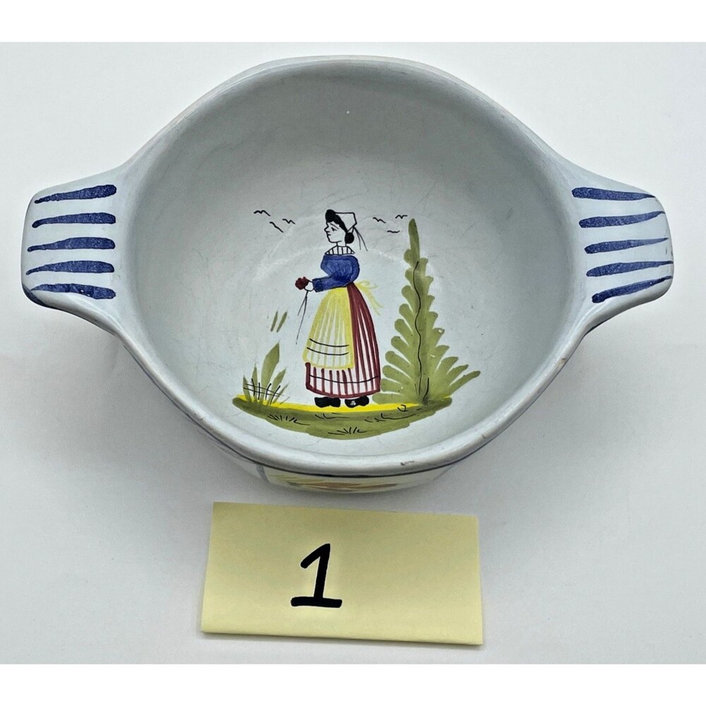 Henriot QUIMPER France Faience MISTRAL BLUE Lug Handle Bowl Breton Lady CHOOSE